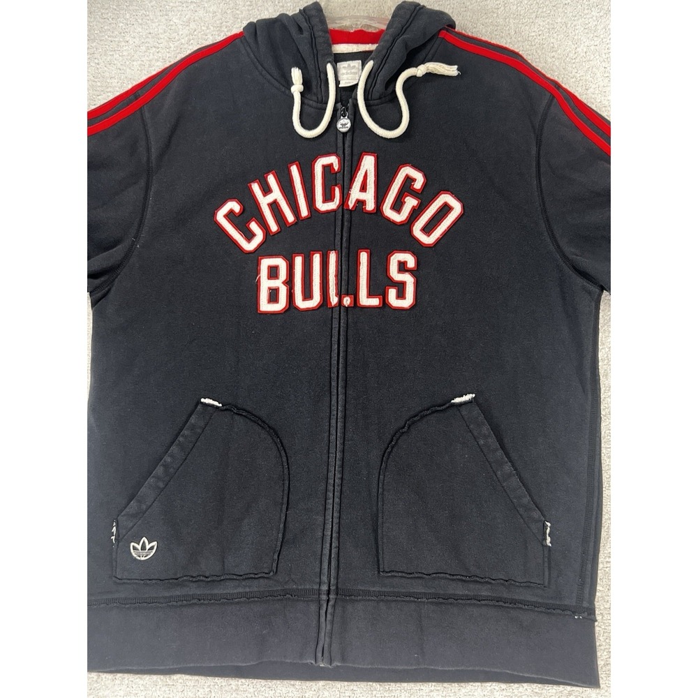 Chicago Bulls Adidas Hoodie Mens 2XL Black Red NBA Basketball 3 Stripes Zip EUC - Picture 2 of 16